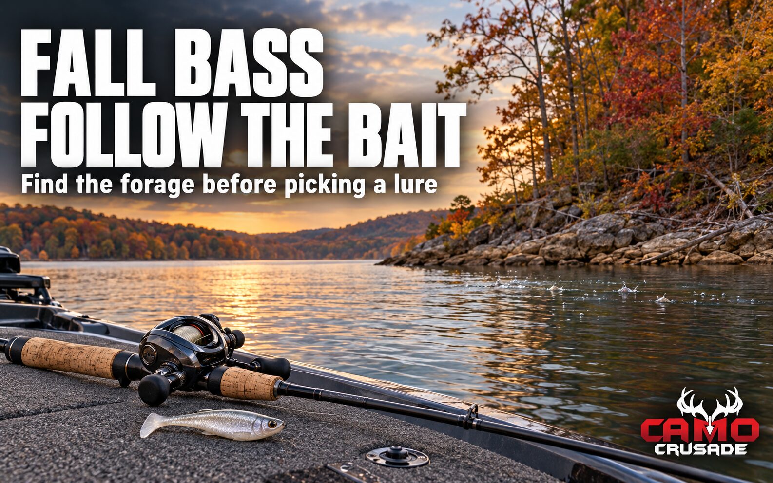 A baitcasting outfit and shad-shaped lure on a boat deck overlooking an autumn reservoir, with CAMO Crusade branding.