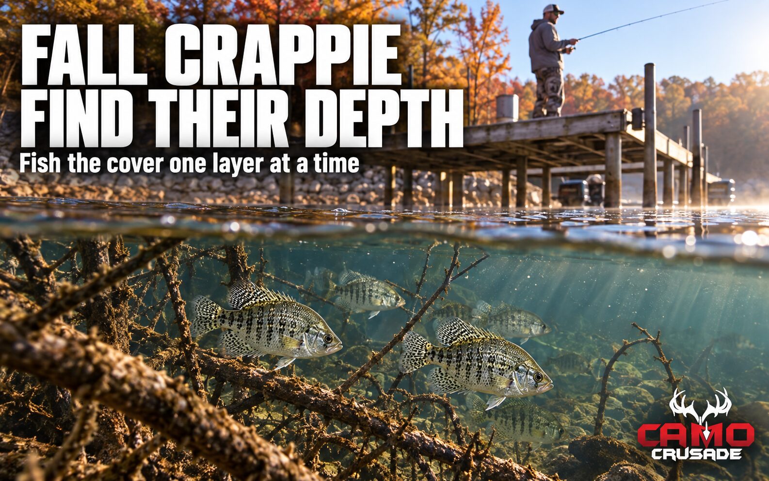 Crappie suspended around submerged brush beneath an autumn reservoir dock, with CAMO Crusade branding.