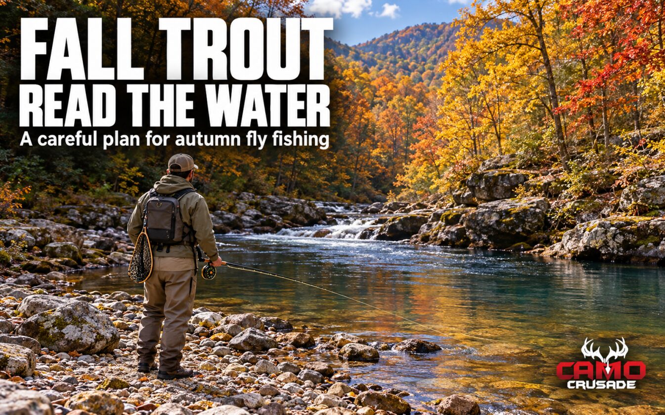A fly angler studies an autumn Appalachian stream from its rocky bank, with CAMO Crusade branding.