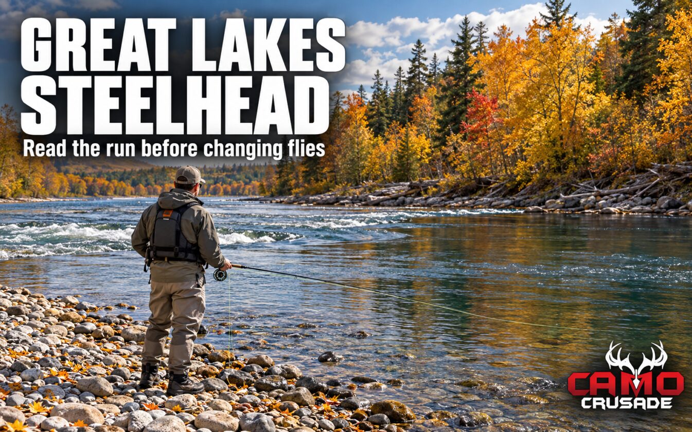 An angler studies a broad Great Lakes tributary from the bank among autumn trees, holding a fly rod.