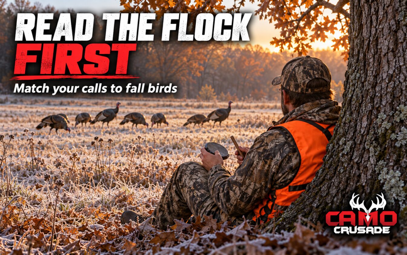 A camouflaged hunter in a blaze-orange vest sits against a wide oak at a frosty field edge, holding a slate call and striker while autumn turkeys feed in the distance.