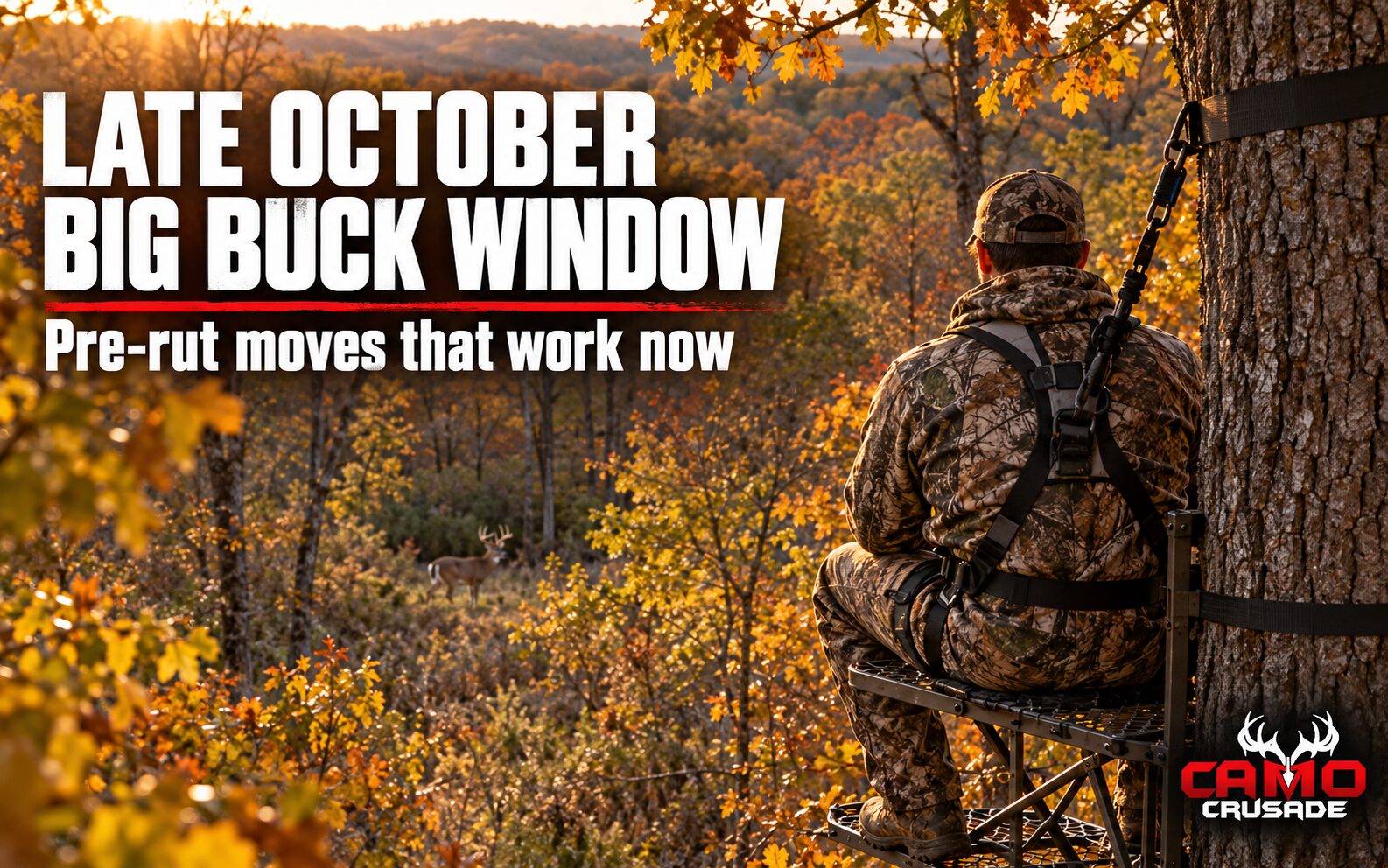 A hunter in a camo jacket and safety harness sits in a tree stand overlooking a white oak ridge in late-October afternoon light.